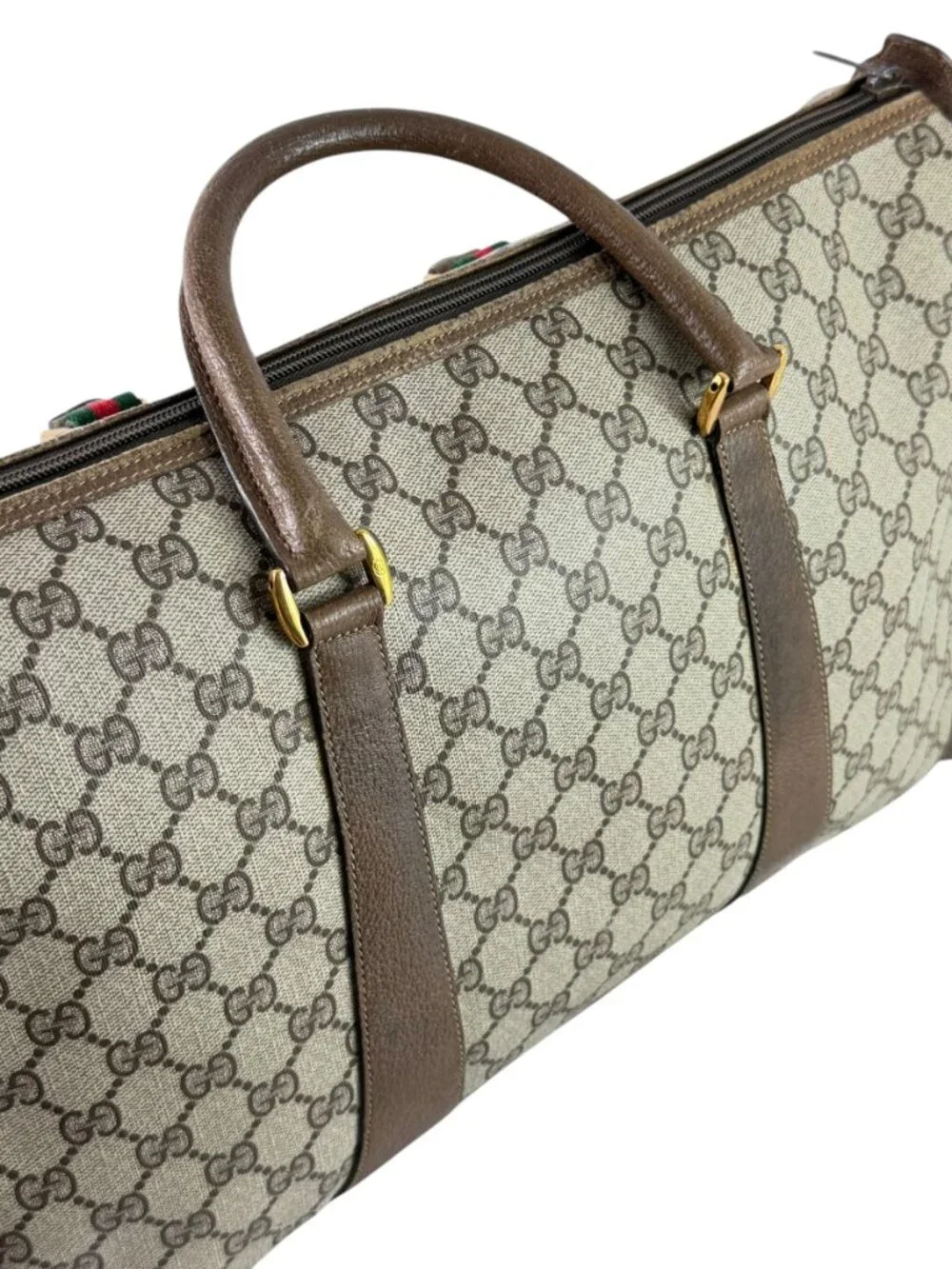 GUCCI Beige Canvas GG Monogram Web Accent Supreme Boston Bag Made in Italy